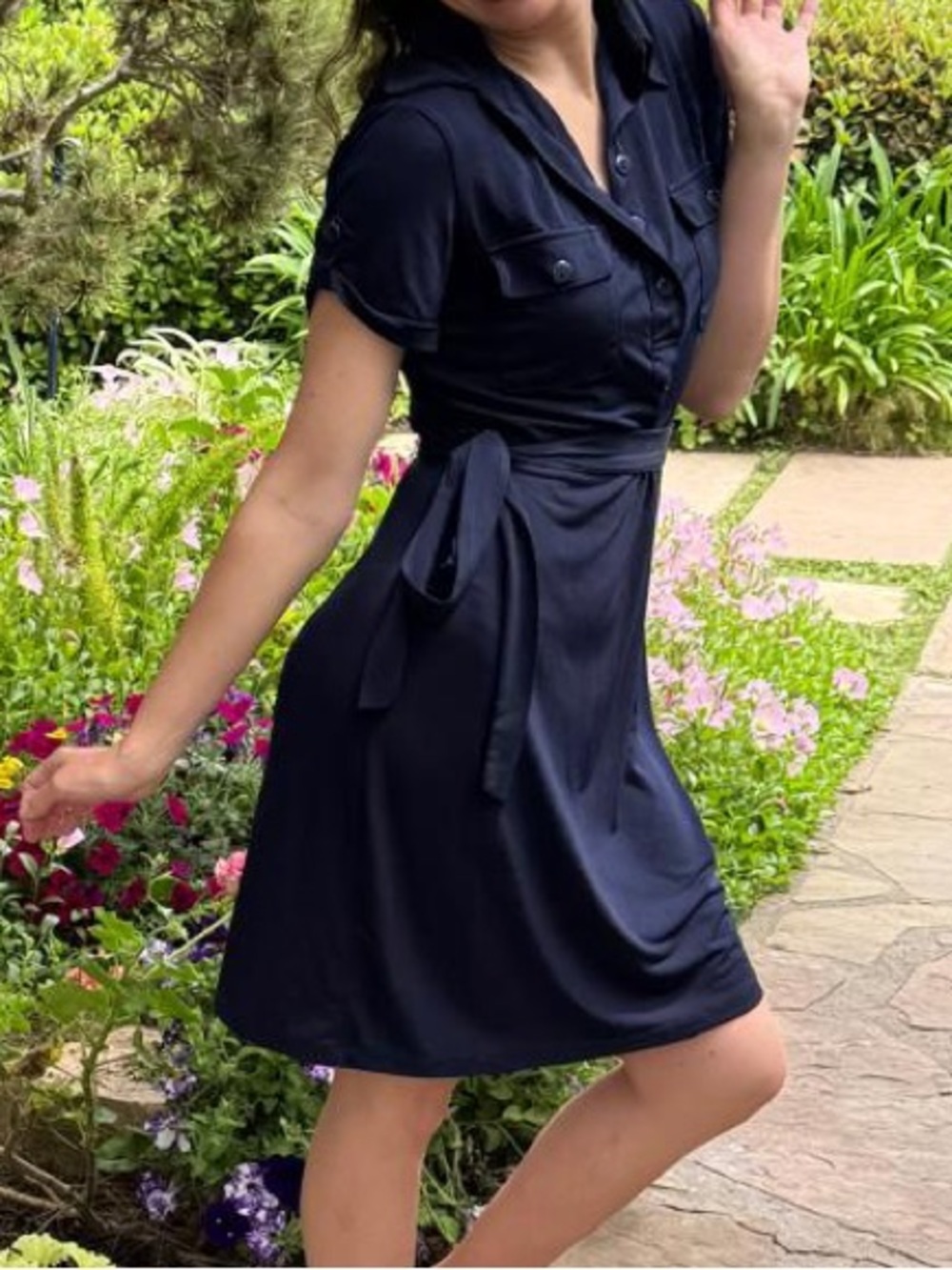 $5 CLOSET CLEANOUT Enfocus Studio Navy Blue Shirt Dress Tie Waist Small